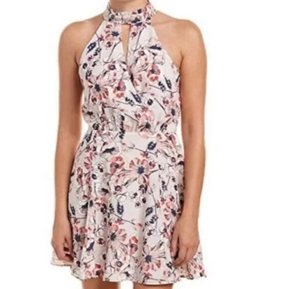 Parker Medium Juliet Halter Mini Dress Pink Floral Keyhole Ruffled Maximalist